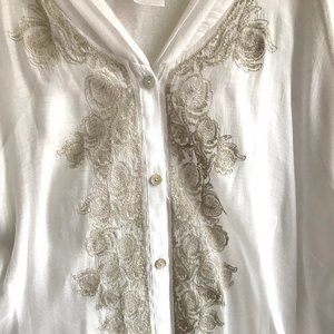 Nic & Zoe White & Gold Embroidered Blouse